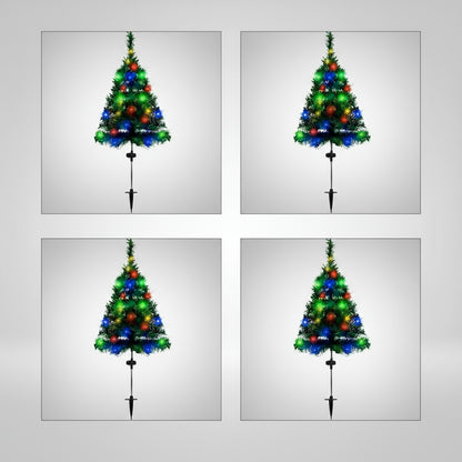 Four decorative Christmas trees with lights on stands against a white background.