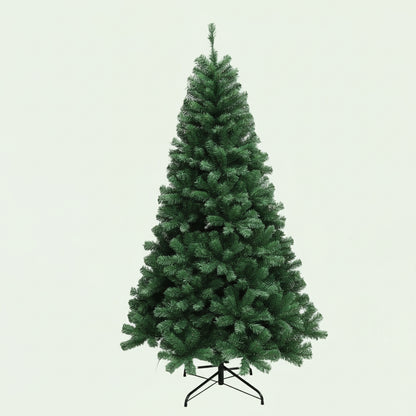 Green artificial Christmas tree with measurements on a light green background