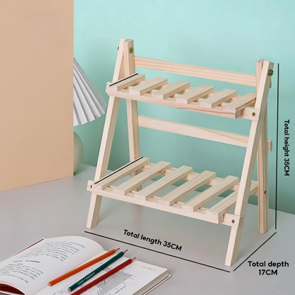 Wooden storage rack with dimensions and features on a light blue background