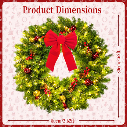 Christmas wreath with a red bow and product dimensions on a decorative background