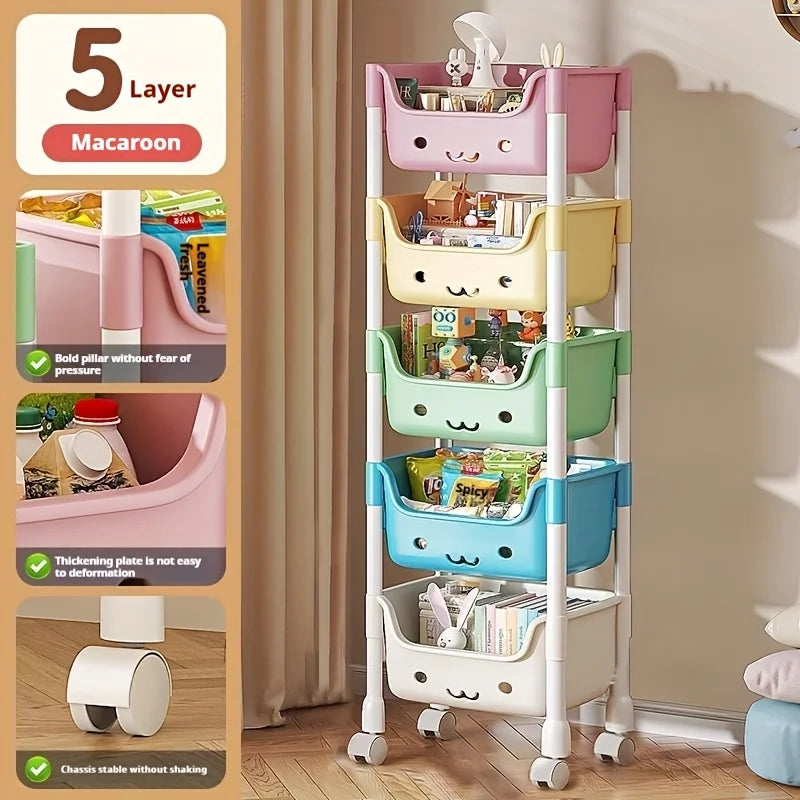 Multilevel storage rack with colorful bins and cartoon faces on a wooden floor.