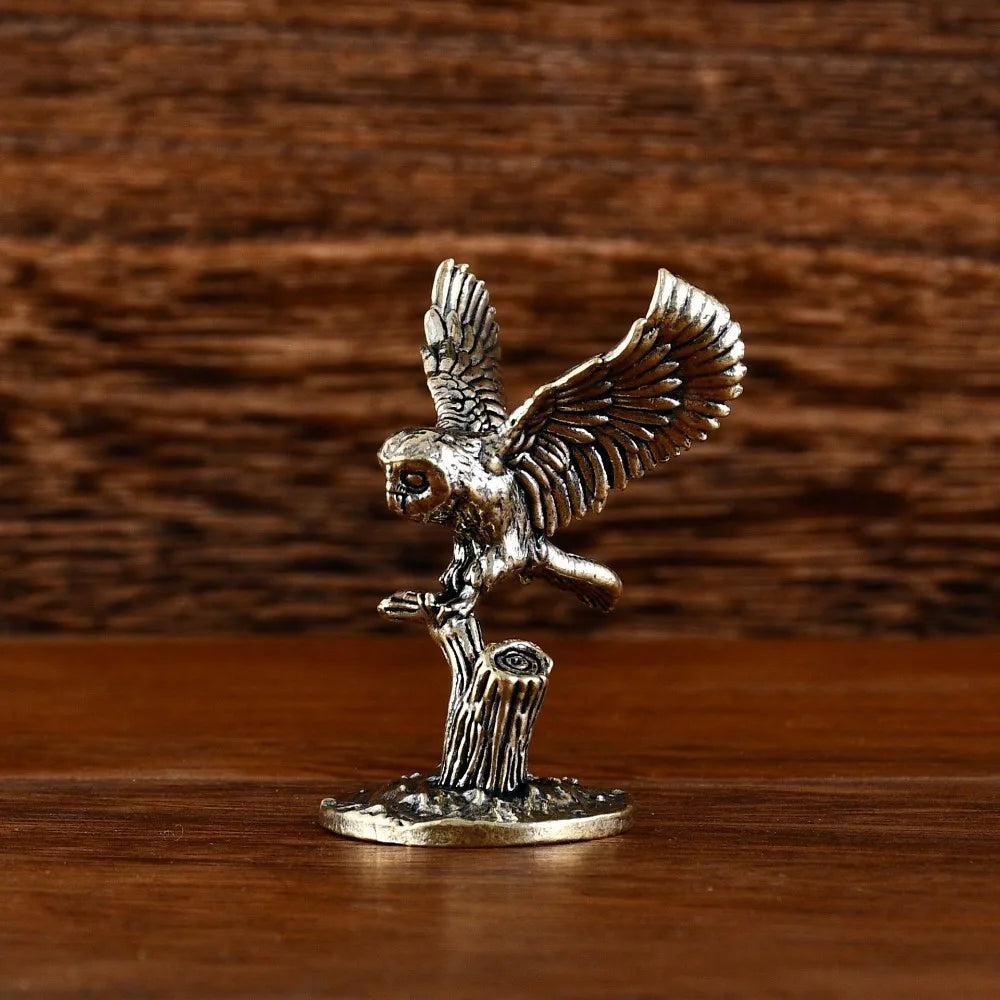 Antique Solid Brass Owl Miniature Figurines Retro Copper Animal Tea Pet Desktop Ornament Home Decor Crafts Animal Figurines