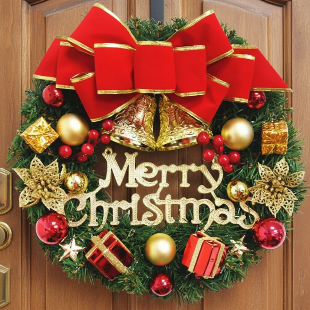 Red &amp; Gold Christmas Wreath – Holiday Front Door, Wall &amp; Window Decoration with Festive Garland Accents