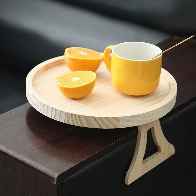 Wooden Sofa Armrest Tray – Foldable Circular Clip-On Side Table