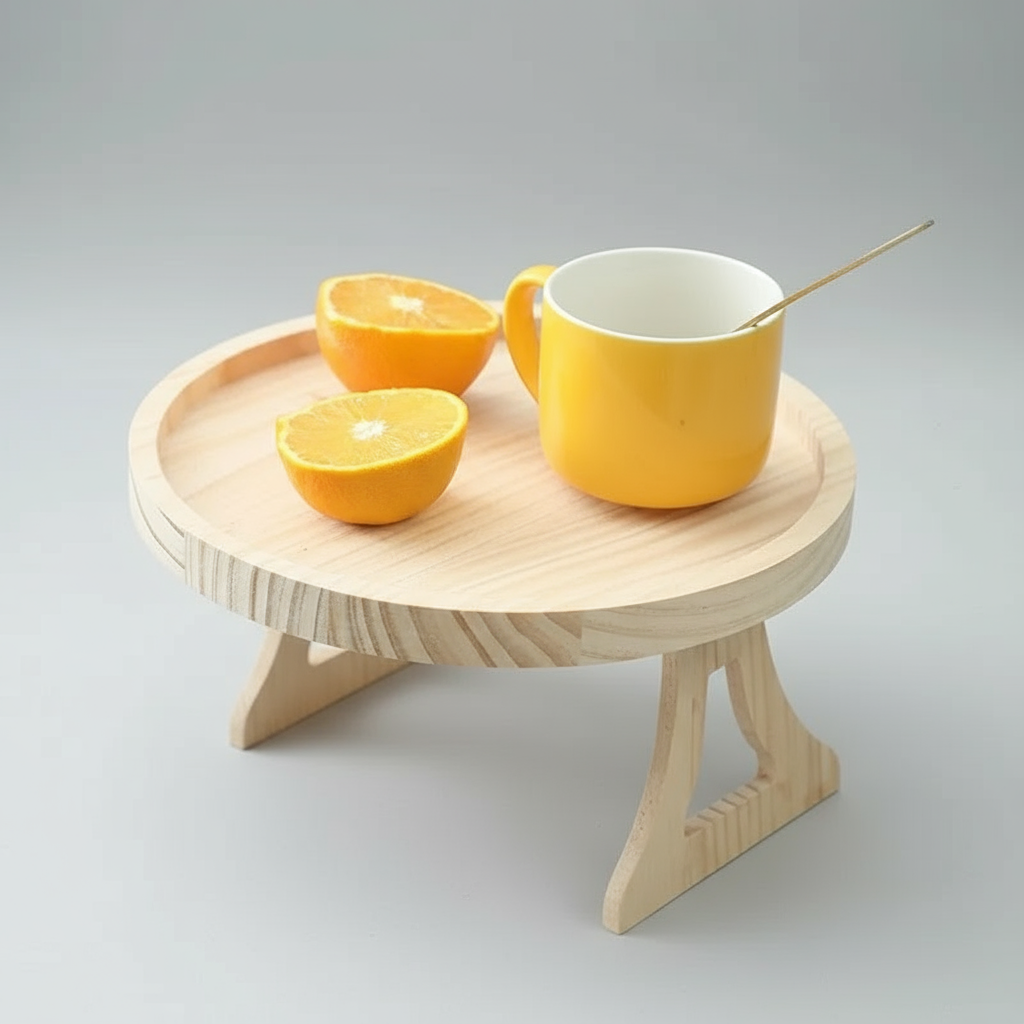 Wooden Sofa Armrest Tray – Foldable Circular Clip-On Side Table