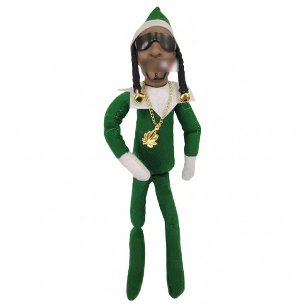 Green elf doll with sunglasses, gold chain, and white shirt on a white background