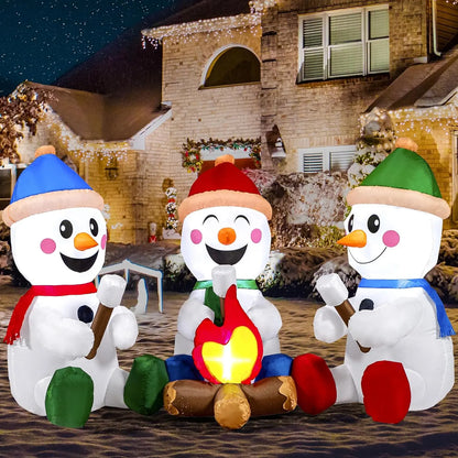 6FT Inflatable Snowman with Campfire – Christmas Blow-Up Yard Decoration with Built-In LED Lights