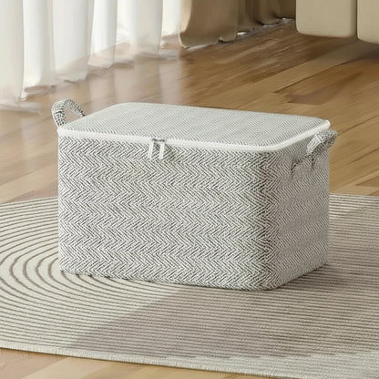 Storage basket with herringbone pattern on a wooden floor, showing dimensions.