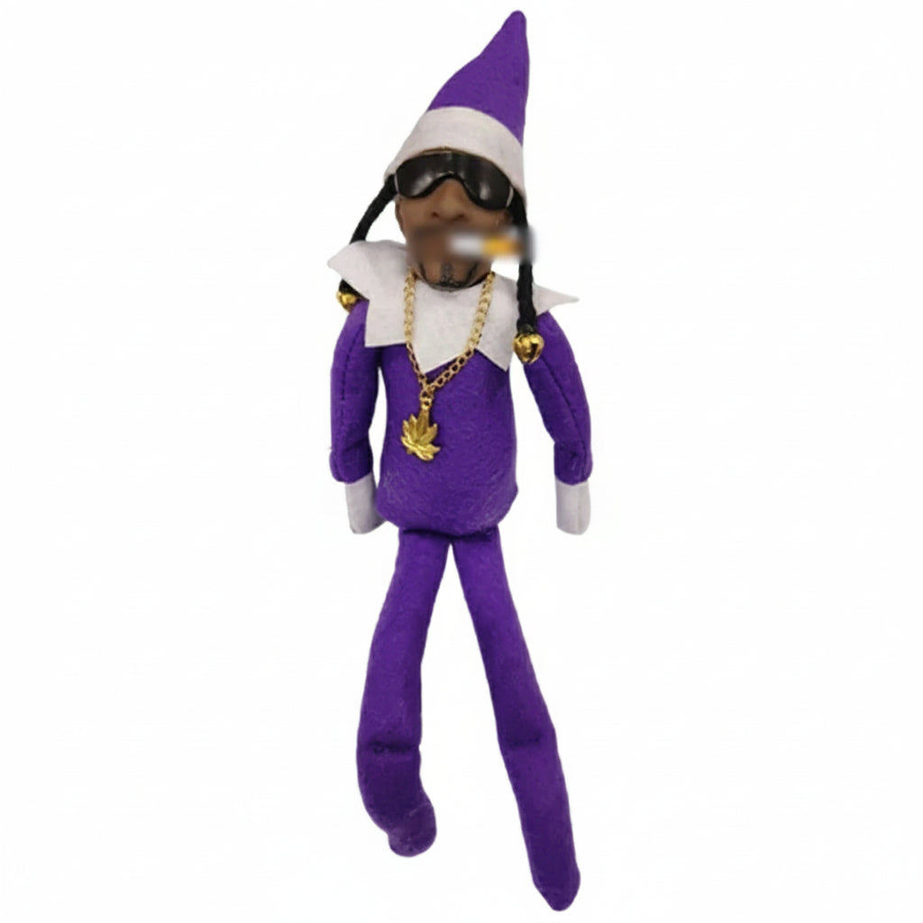Purple elf doll with sunglasses and a gold chain on a white background