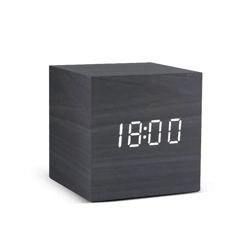 Wooden Digital LED Alarm Clock – Sound Control with Temperature Display, USB/AAA Powered