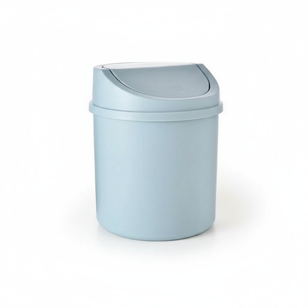 Small light blue trash bin with dimensions labeled on a white background