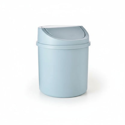 Small light blue trash bin with dimensions labeled on a white background