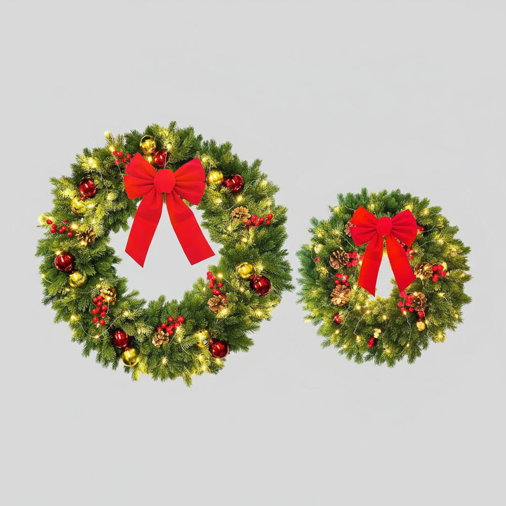 Product size comparison chart of two Christmas wreaths with Santa Claus illustration.