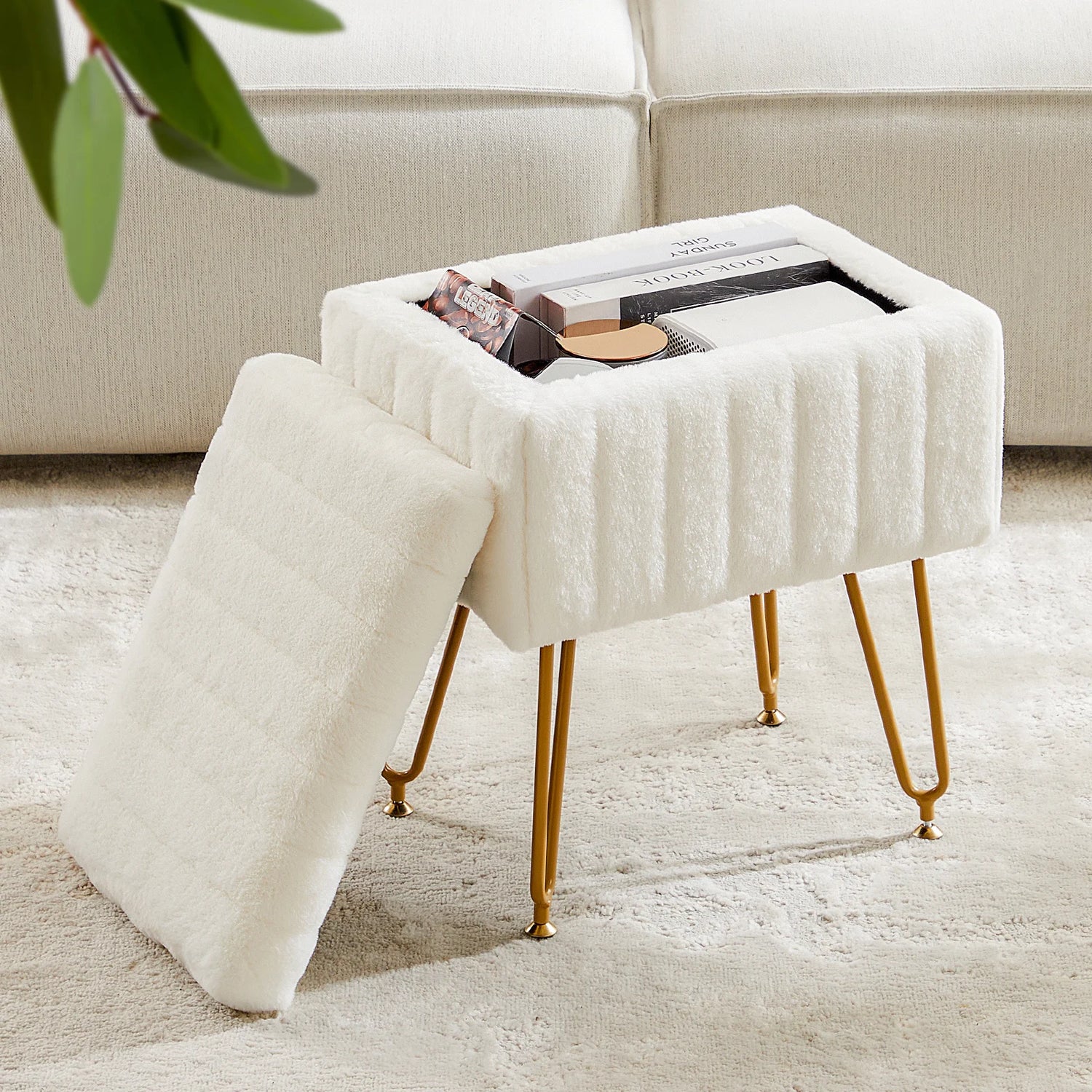 Faux Fur Storage Ottoman Stool with Hidden Compartment &amp; Metal Legs – Padded Vanity Seat for Living Room &amp; Bedroom