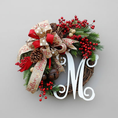 Decorative Christmas wreath with ribbons, berries, and a letter &