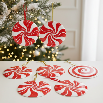 Red and white candy cane-shaped decorations in front of a brick wall with snow on the ground.