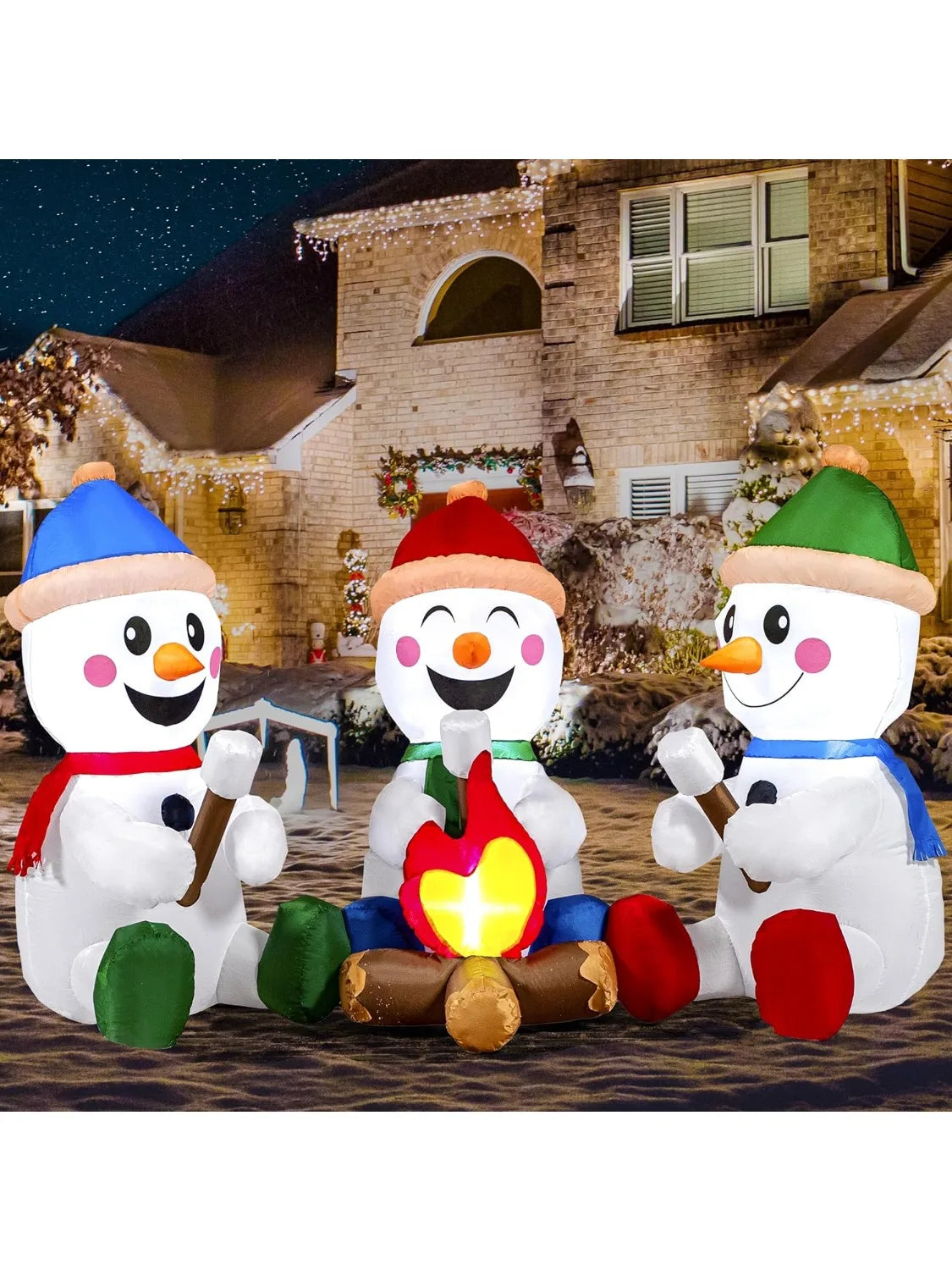 6FT Inflatable Snowman with Campfire – Christmas Blow-Up Yard Decoration with Built-In LED Lights