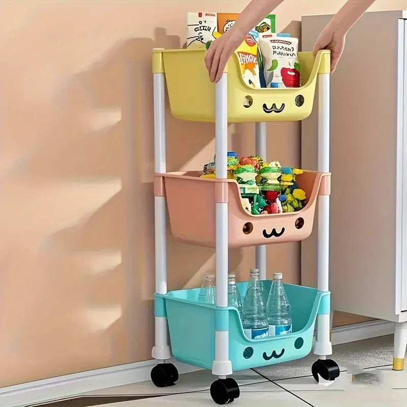 Three-tiered storage rack with colorful baskets filled with items against a neutral background