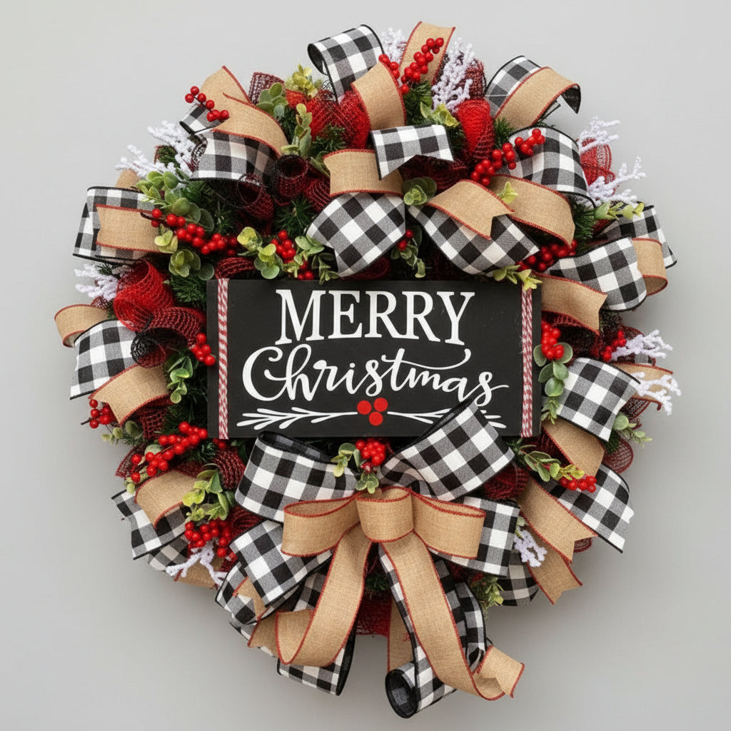 Christmas wreath with plaid ribbons and a &