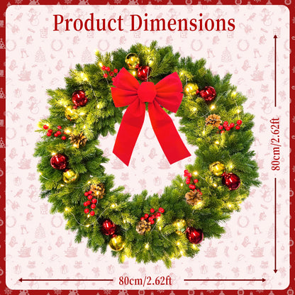 Decorative Christmas wreath with a red bow and lights on a festive background
