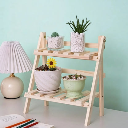 Multifunctional storage rack with potted plants and a lamp against a light blue background