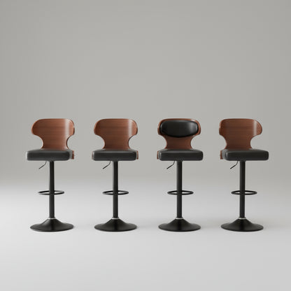 Four wooden bar stools with black metal legs in a modern kitchen setting.