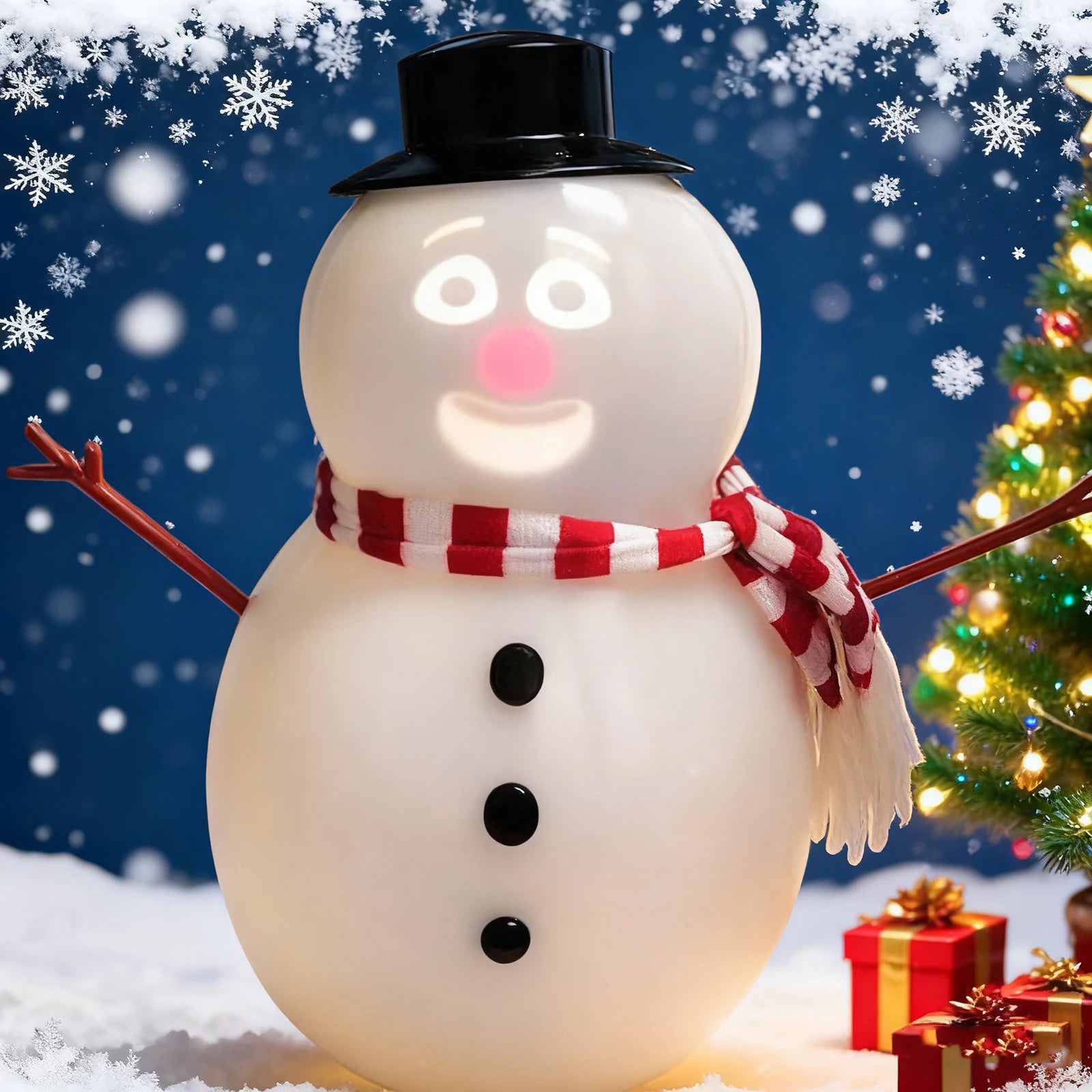 Snowman with a black top hat and red and white scarf in front of a Christmas tree and presents.