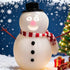 Snowman with a black top hat and red and white scarf in front of a Christmas tree and presents.