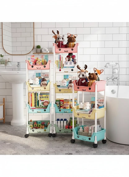 Three colorful shelves with toys and books against a cartoon wall.