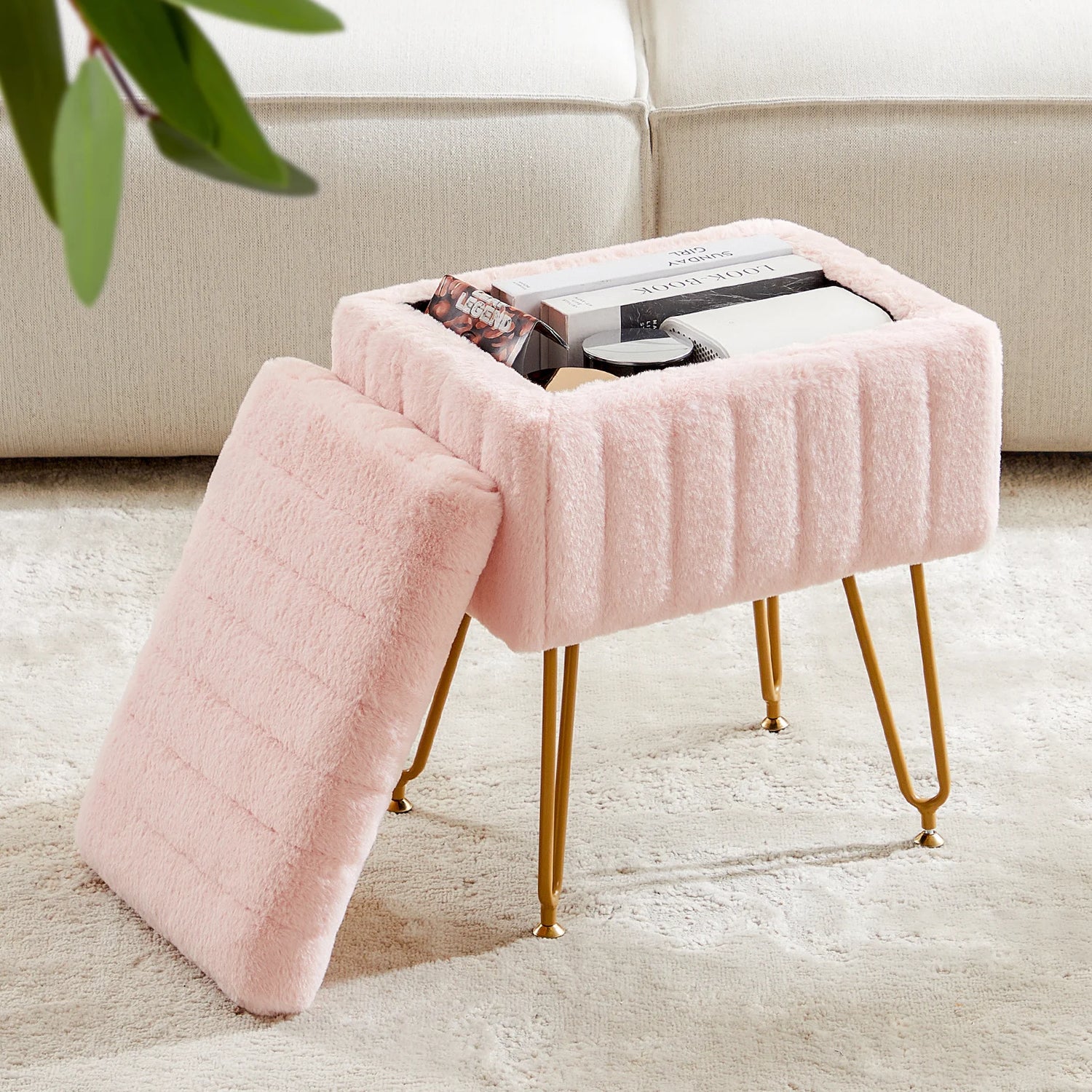 Faux Fur Storage Ottoman Stool with Hidden Compartment &amp; Metal Legs – Padded Vanity Seat for Living Room &amp; Bedroom