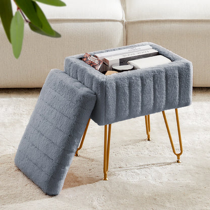 Faux Fur Storage Ottoman Stool with Hidden Compartment &amp; Metal Legs – Padded Vanity Seat for Living Room &amp; Bedroom