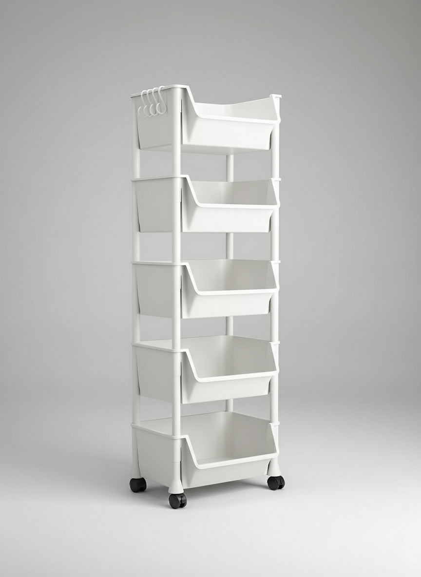 Multi-Tier Rolling Storage Cart – Slim Organizer with Bins, Hooks &amp; 360° Rotation for Bathroom, Pantry &amp; Home Storage