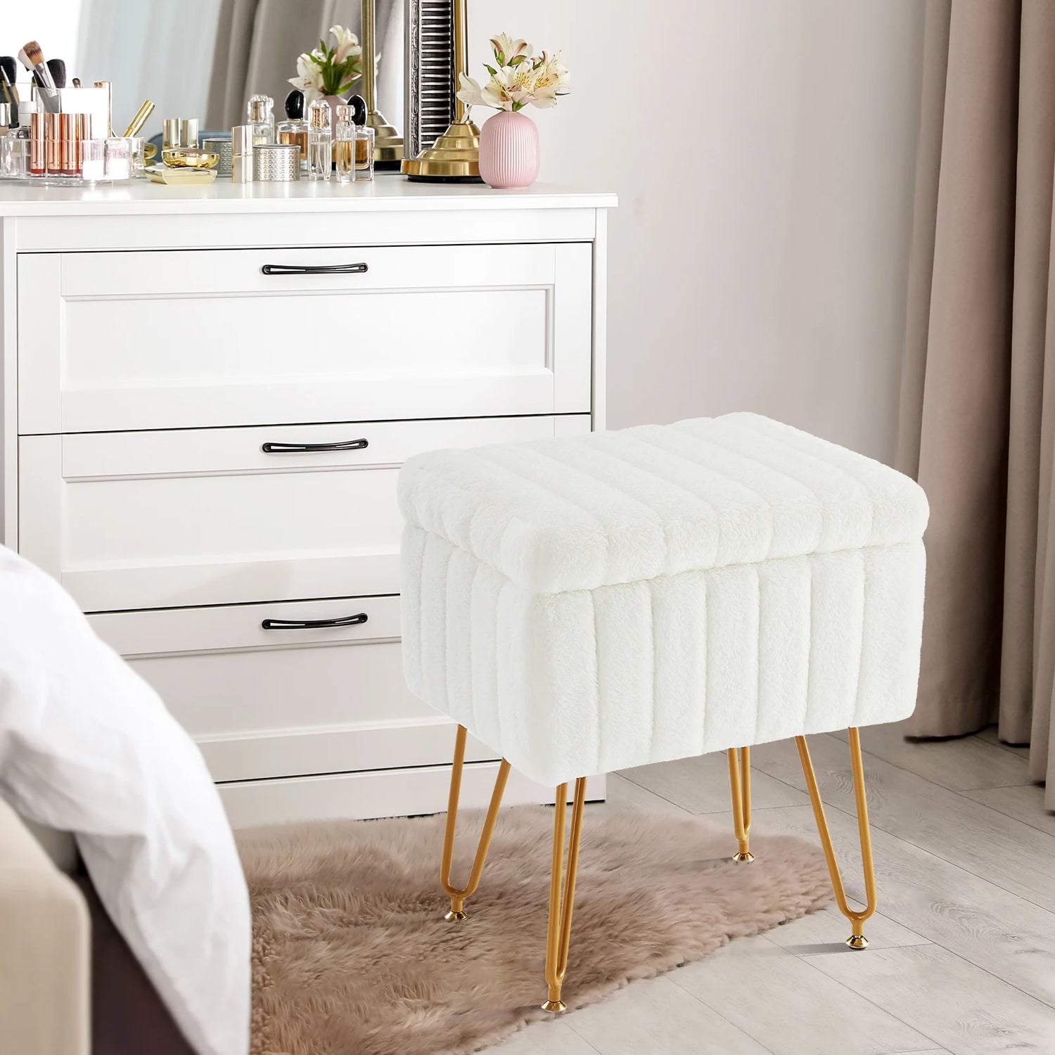 Faux Fur Storage Ottoman Stool with Hidden Compartment &amp; Metal Legs – Padded Vanity Seat for Living Room &amp; Bedroom