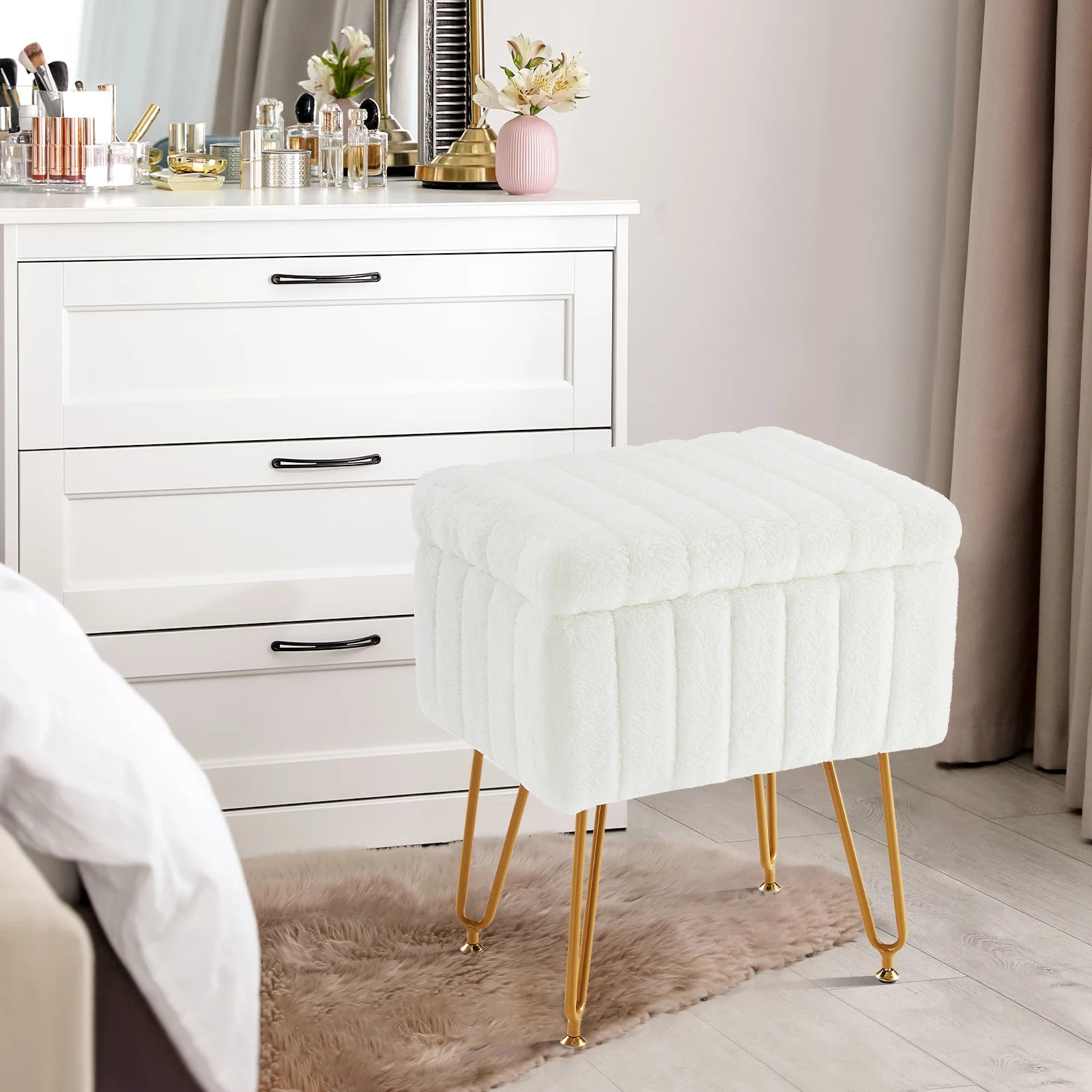 Faux Fur Storage Ottoman Stool with Hidden Compartment &amp; Metal Legs – Padded Vanity Seat for Living Room &amp; Bedroom