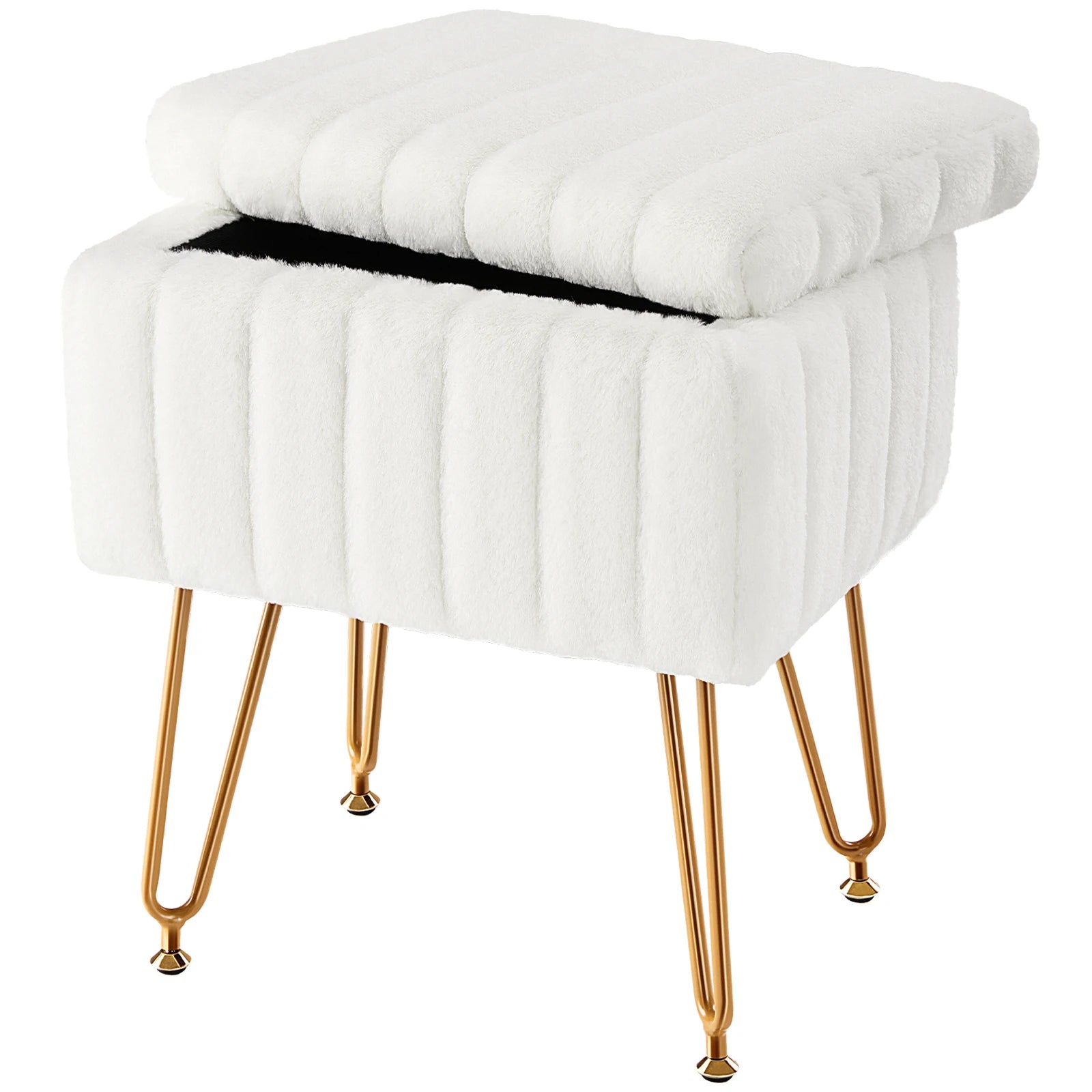 Faux Fur Storage Ottoman Stool with Hidden Compartment &amp; Metal Legs – Padded Vanity Seat for Living Room &amp; Bedroom