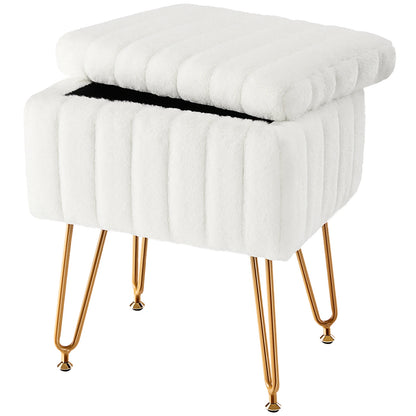 Faux Fur Storage Ottoman Stool with Hidden Compartment &amp; Metal Legs – Padded Vanity Seat for Living Room &amp; Bedroom