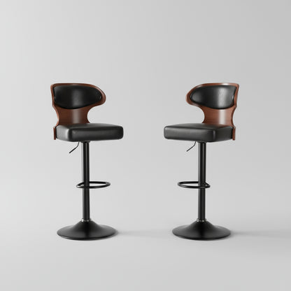 Two black bar stools with wooden seats in a kitchen setting.
