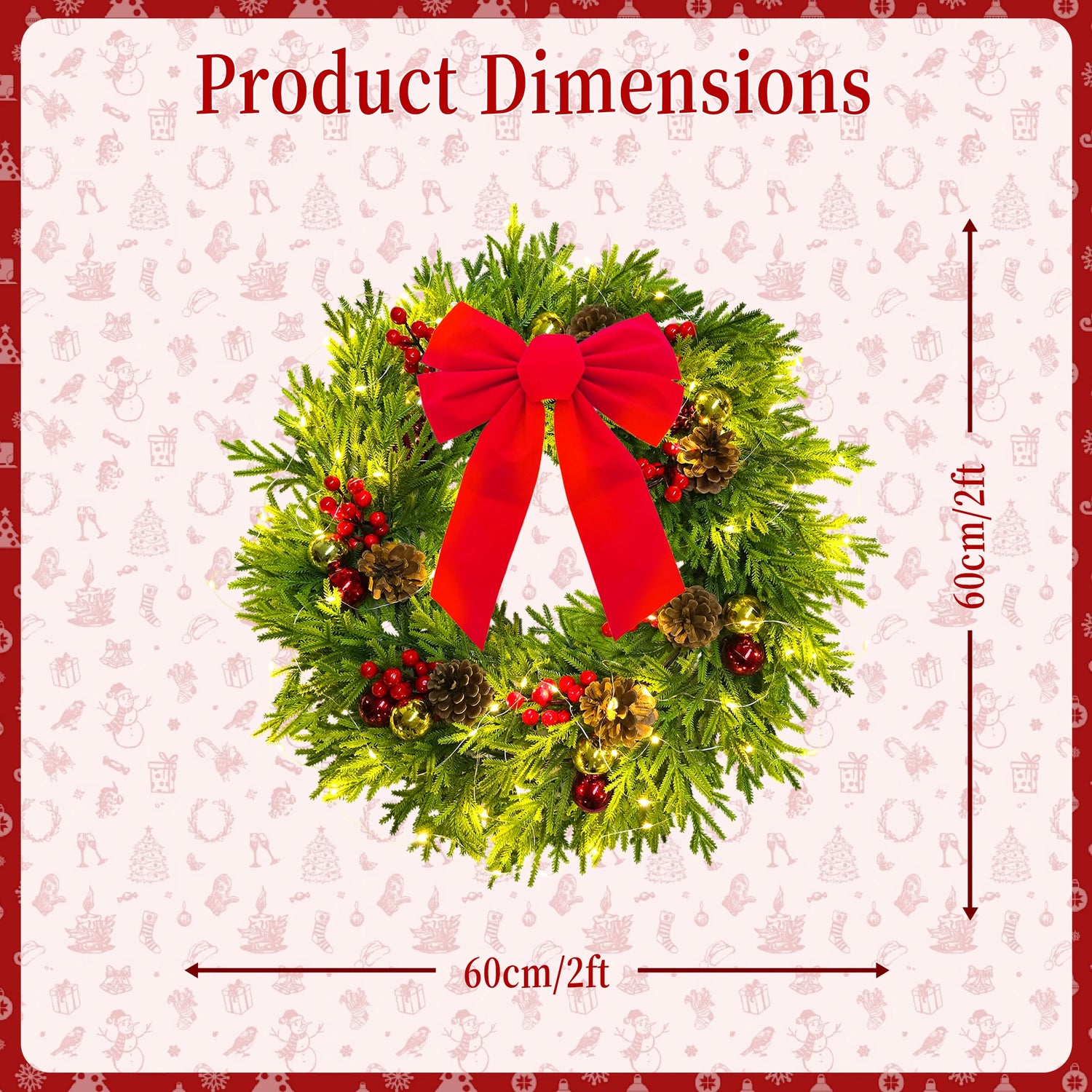 Christmas wreath with a red bow and dimensions on a decorative background