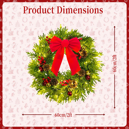 Christmas wreath with a red bow and dimensions on a decorative background