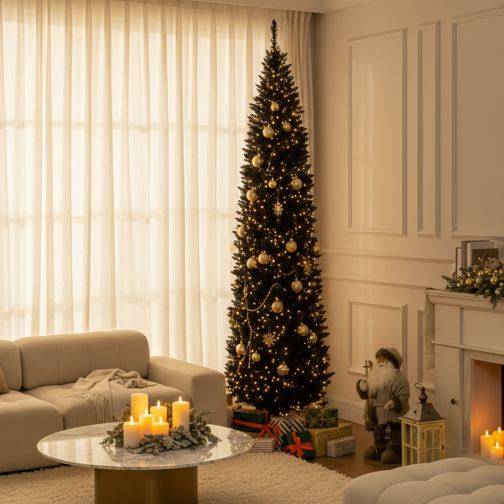 8 ft Black Artificial Christmas Tree – Realistic Full Branches, Elegant Indoor Holiday Decoration