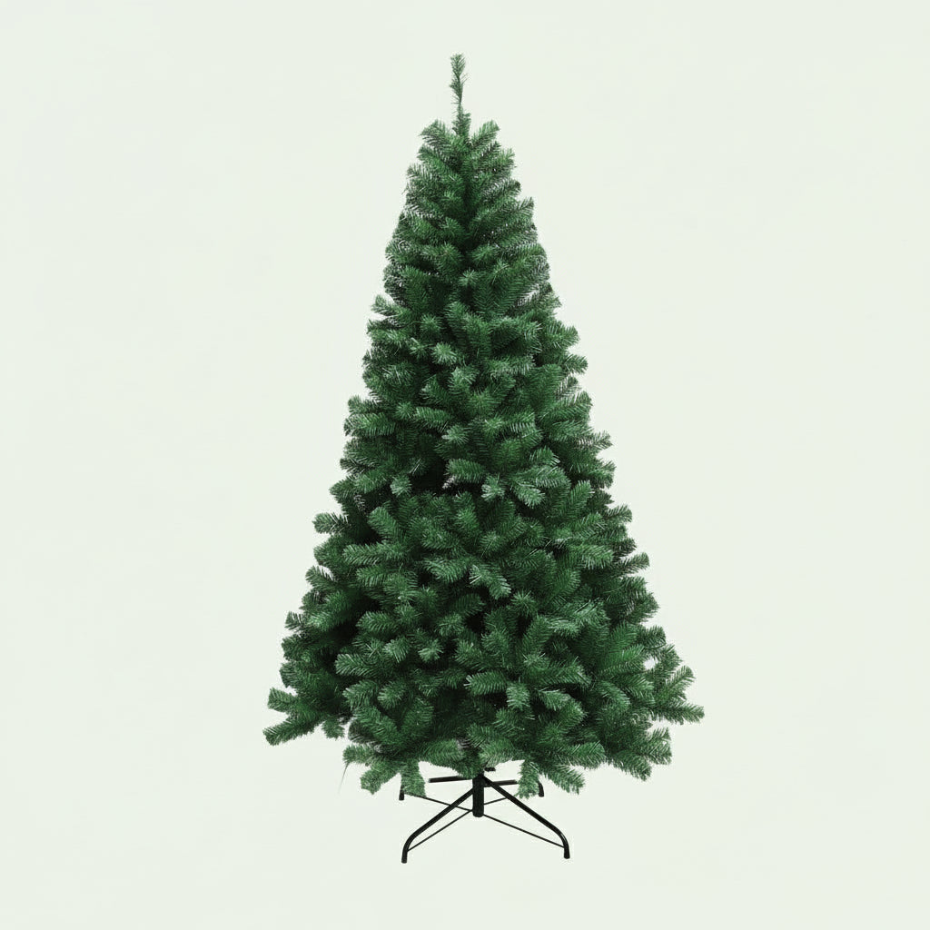 Green artificial Christmas tree with measurements on a light green background