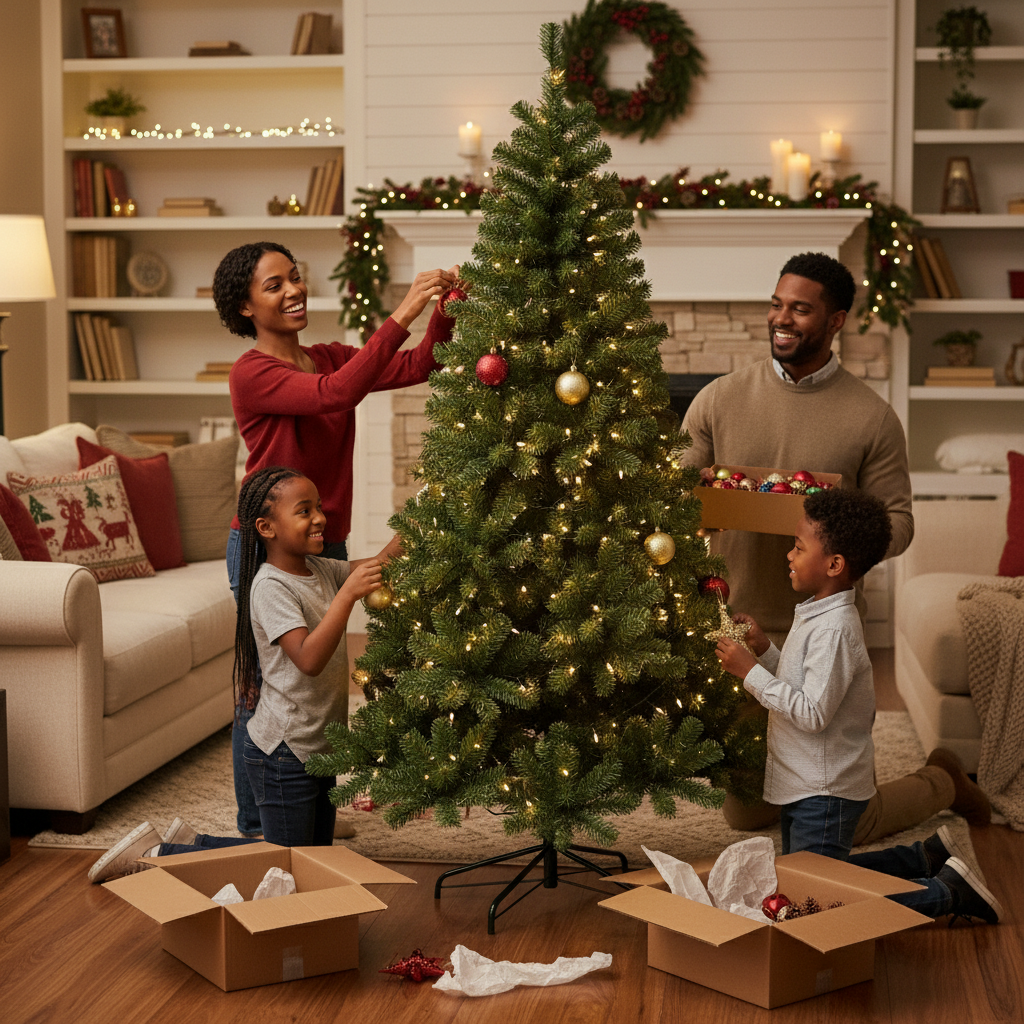 6–7ft Pre-Lit Artificial Christmas Tree – Hinged LED Xmas Tree with 8 Lighting Modes for Home Holiday Décor