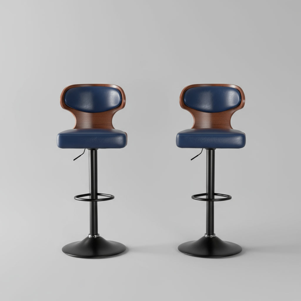 Two blue cushioned bar stools with wooden seats in a kitchen setting.
