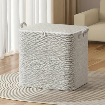 Gray laundry basket with measurements on a wooden floor