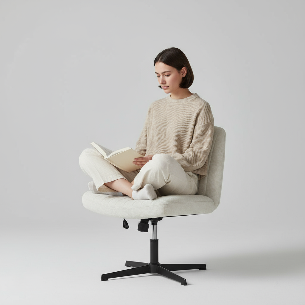 Cross-Legged Rocking Gaming &amp; Office Chair – Wide Armless Swivel Fabric Task Chair for Home &amp; Living Room