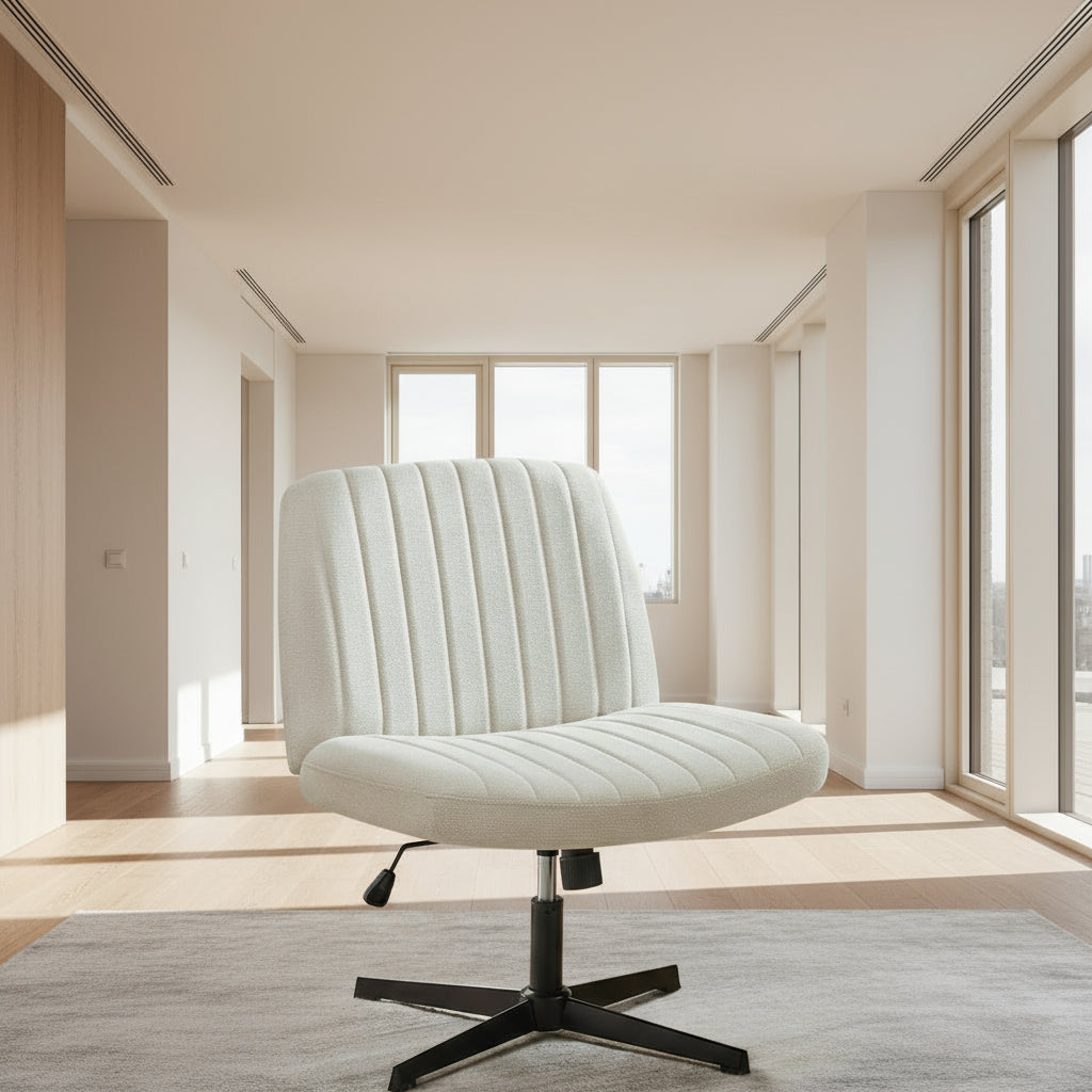 Beige office chair with black base in a room with wooden floor and white walls