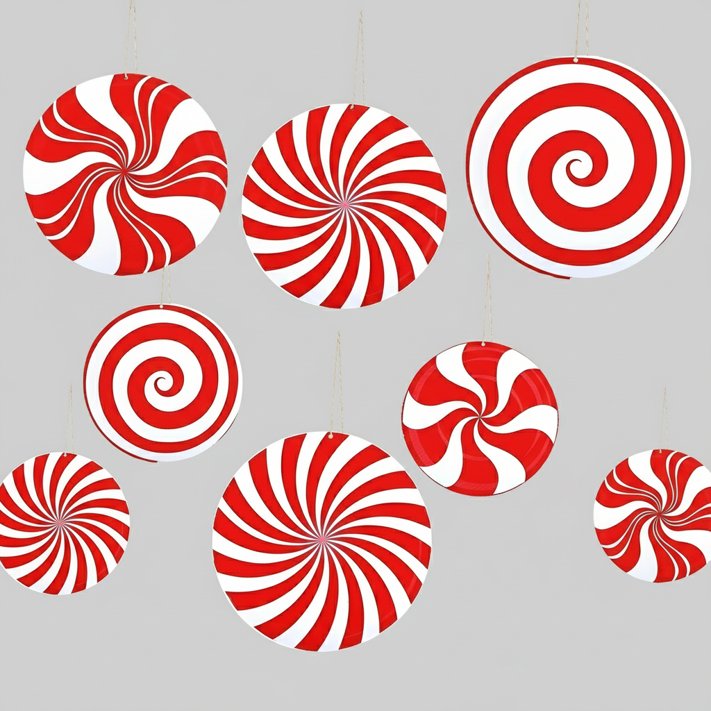 6-Piece Christmas Candy Ornaments – Large Double-Sided Peppermint Hanging Decorations