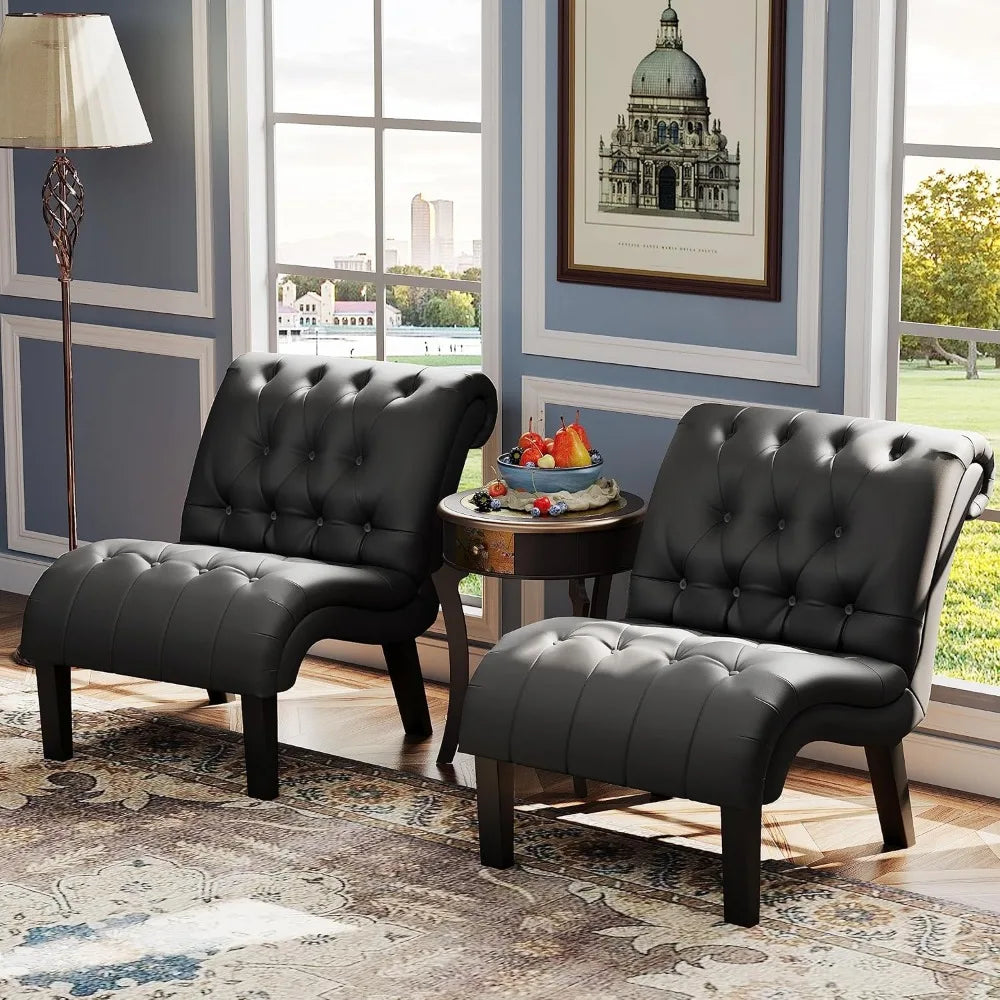 Set of 2 PU Leather Accent Chairs – Button Tufted Modern Armless Lounge Chairs for Living Room &amp; Bedroom
