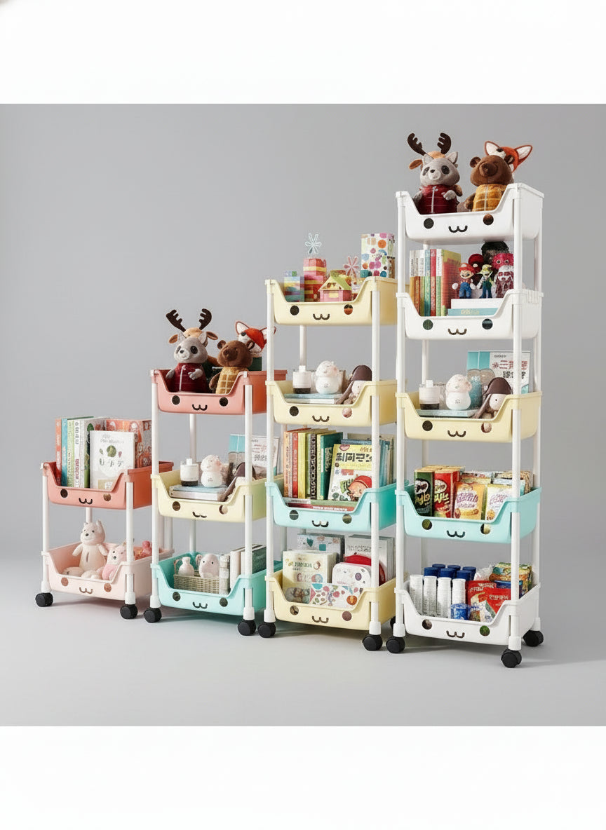 Set of colorful shelves with toys and books in a room setting
