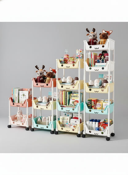 Set of colorful shelves with toys and books in a room setting